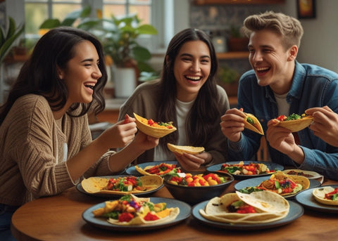 Fröhliche Menschen welche das bunte und geschmackvolle Essen aus den Viva Sabor Kochboxen genießen